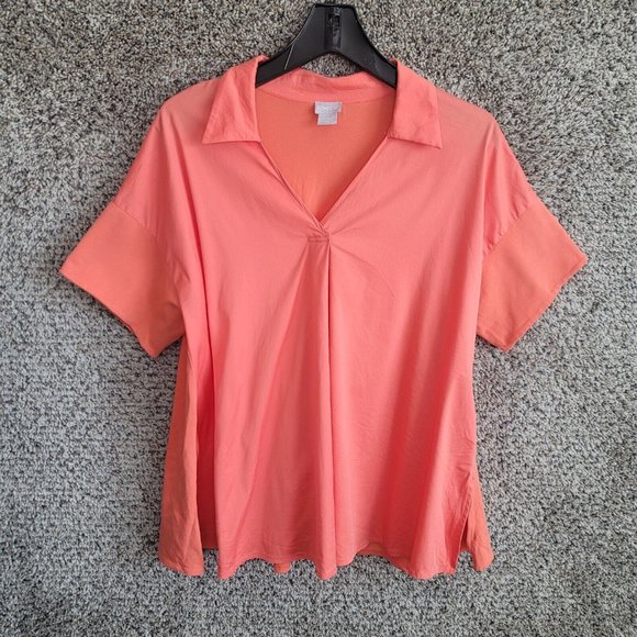 Chicos Top Womens‎ 1 US Medium Peach Short Sleeve Collared Relaxed Fit Cotton - Picture 1 of 8